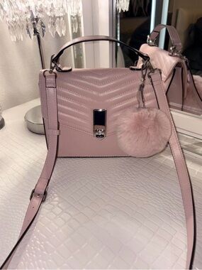 Aldo Blush Pink Quilted Crossbody Satchel with Pom Pom Charm
